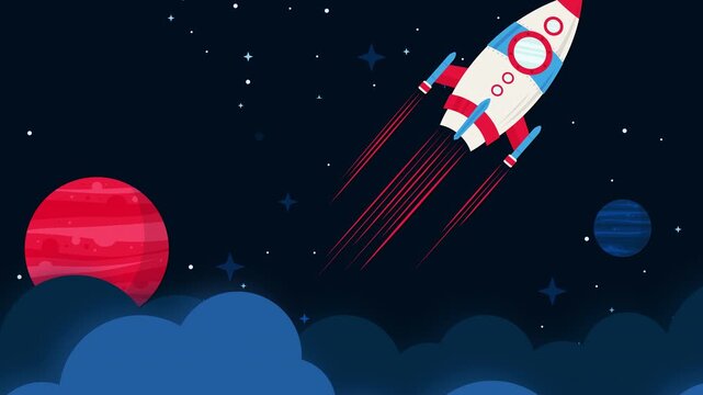 Cartoon space rocket flying in the dark night sky past planets and stars background banner