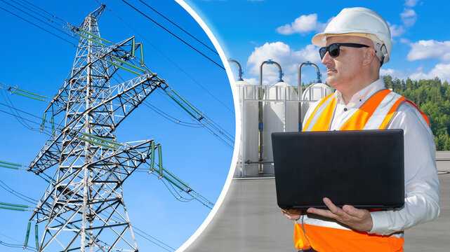 Power transmission industry. Energy engineer supervises electrical infrastructure and industrial power facilities using laptop during grid monitoring and operational management.