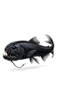 A deep-sea viperfish, a fearsome predator of the abyss, bares its needle-like teeth and bioluminescent lure in a striking studio portrait.