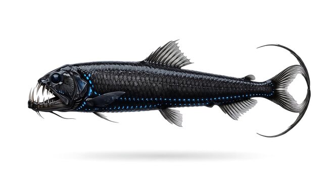 A viperfish, a deep-sea predator, displays its sharp teeth and bioluminescent patterns against a stark white background, illustrating the fascinating adaptations of marine life.
