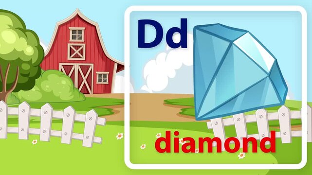 Educational Alphabet Animation Featuring Letter D and Diamond on Farm Background