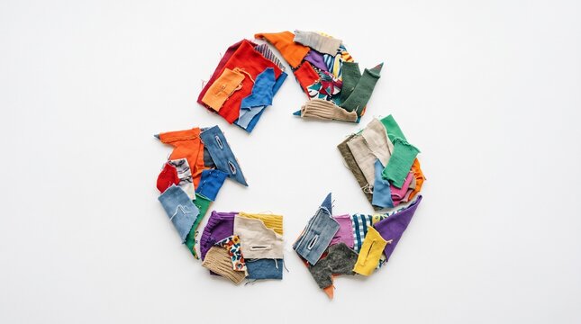 Recycle symbol made of colorful fabric scraps arranged on a white surface, representing reuse and sustainability.