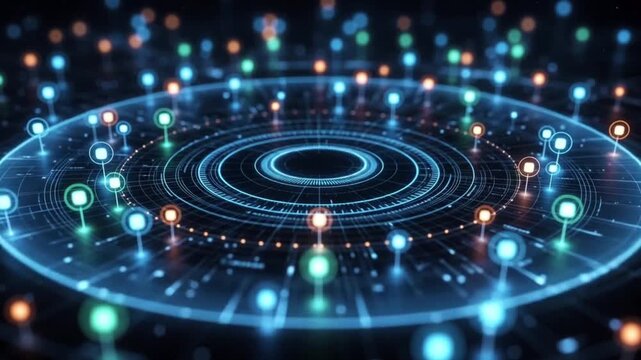 Animation futuristic sci-fi digital of a navigation interface with orbiting markers in a dark background.