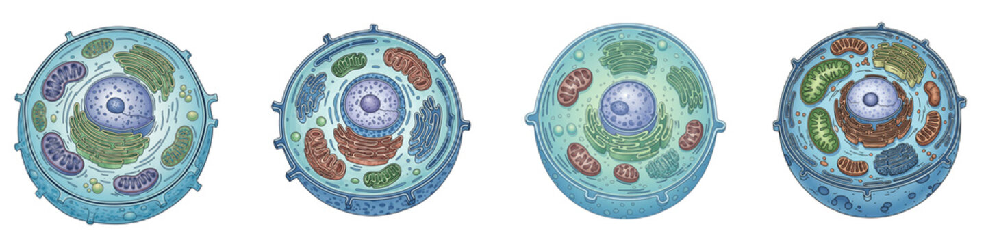 Scientific illustration of animal cell structures on black background