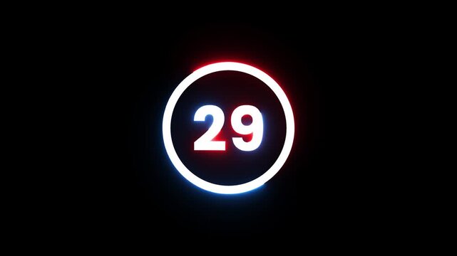 Countdown timer displaying number twenty nine with vibrant glowing neon circular ring motion.