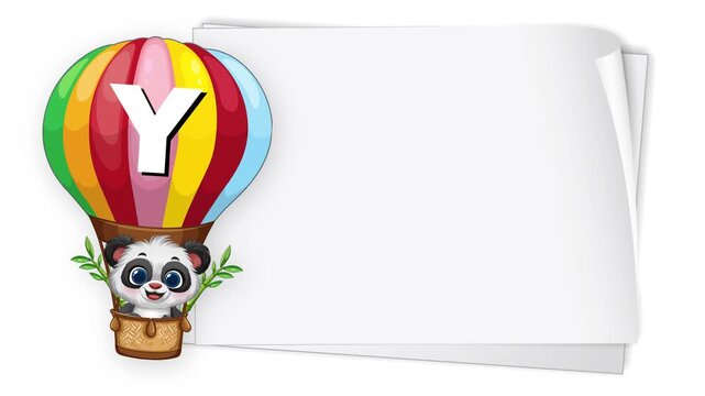 Animated Cartoon Panda in Hot Air Balloon with White Copy Space