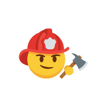 Professional Firefighter Emoji Icon with Red Protective Helmet and Steel Axe on White Background.