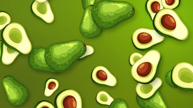Animated Falling Avocado Halves and Whole Fruits on Green Background