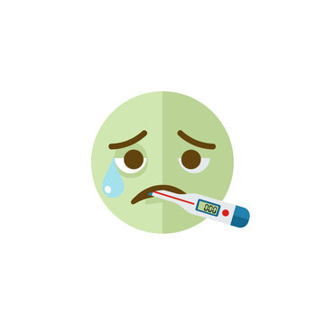 Sick Pale Green Emoji Face with Digital Thermometer in Mouth Sad Expression and Single Blue Teardrop