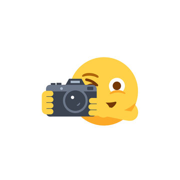 Yellow Emoji Character Holding a Digital SLR Camera and Winking while Taking a Creative Photograph