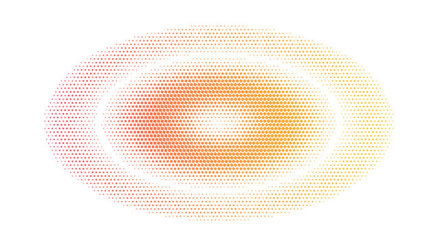 Orange oval shape with a digital halftone dot pattern texture on a black background, for and abstract, visual projects