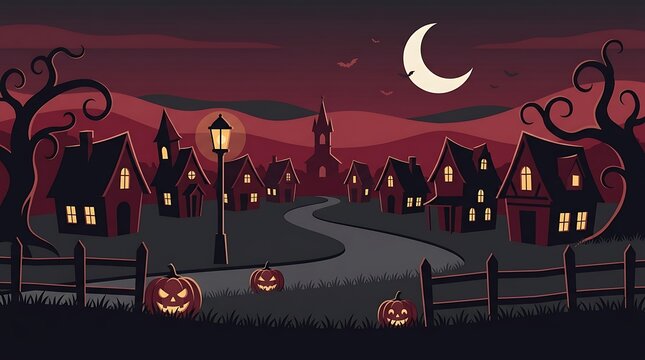 Spooky halloween village at night with pumpkins and moon isolated on white background