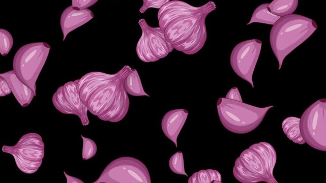 Animated Purple Garlic Bulbs and Cloves Falling on Black Background