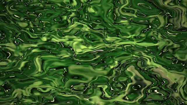 Abstract green fluid liquid marble texture with dynamic swirling waves and glossy reflections creating an organic backdrop