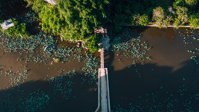Aerial view of Bich Dong Pagoda with its stone bridge over a lotus-filled pond, surrounded by lush green trees and limestone cliffs in Nam Hoa Lu, Ninh Binh, Vietnam.