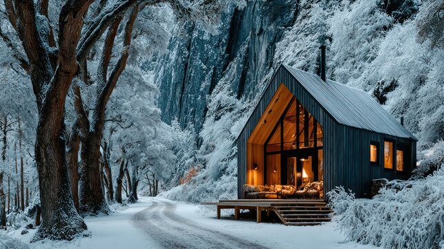 Snowy cabin in the woods.
