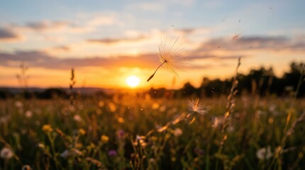 Fototapeta premium A dandelion seed head floats gracefully through a field of wildflowers at sunset. The golden sun sets over a distant horizon, casting a warm glow on the landscape.