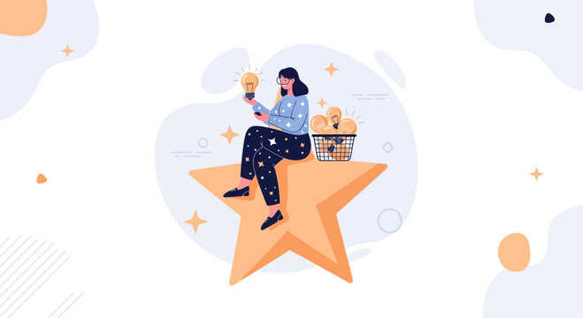 Woman sitting on a star with light bulbs, symbolizing ideas, inspiration, and innovation