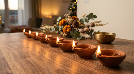 Fototapeta premium Many clay oil lamps glowing on a wooden table with beautiful flowers during Diwali festival