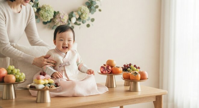 Smiling baby in pink Hanbok sitting on table with traditional celebration food