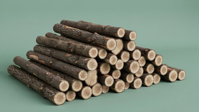 Stack of wooden logs isolated on a green background