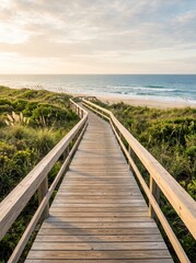 Obraz premium Wooden boardwalk leading to a sandy beach and ocean under a bright sky.