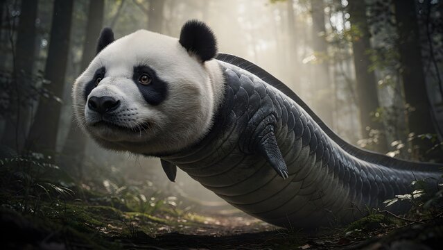 Panda-headed serpent in a mystical forest