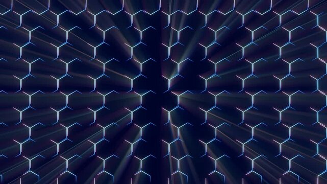Futuristic Cyber Hexagon Grid with Glowing Volumetric Light Rays Loop Background