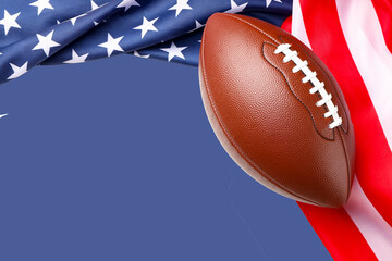 Fototapeta premium American football beside waving flags symbolizes Labor Day spirit
