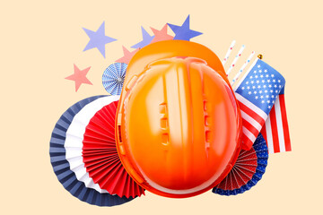 Fototapeta premium Patriotic symbols surround an orange hard hat for Labor Day
