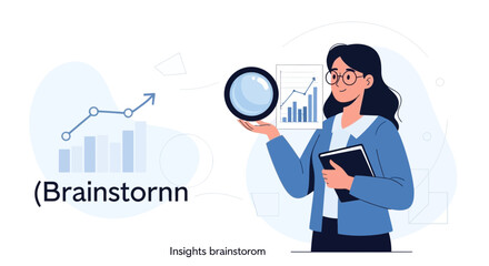 Fototapeta premium Businesswoman analyzing data with magnifying glass and charts, symbolizing strategy, insights, and growth in a modern vector illustration.