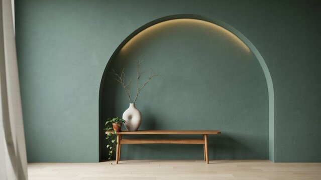 Minimalist interior with green textured wall and arched alcove