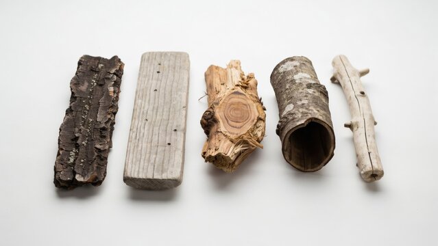 Collection of different types of wood pieces isolated on white background