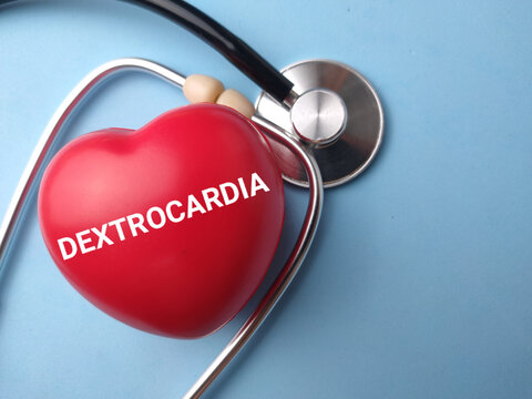 A red heart toy labeled DEXTROCARDIA rests inside the tubing of a stethoscope on a blue background