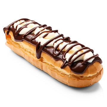 A chocolate eclair sits on a png transparent. The eclair has a golden pastry shell covered in white frosting and dark chocolate drizzle.