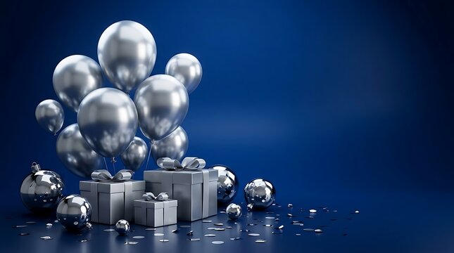 Silver gift boxes with shiny spheres on dark blue background isolated on white background