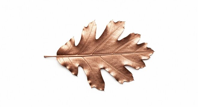 A brushed copper oak leaf rendered with metallic sheen, isolated on a white background for decorative use.