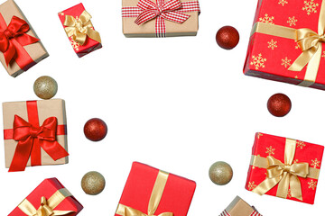 Fototapeta premium Christmas. Gifts adorned with vibrant ribbons surround shiny ornaments, PNG
