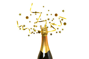 Fototapeta premium Christmas. Champagne bottle erupts with golden confetti and streamers. Celebration concept, PNG