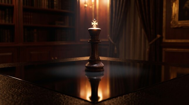 Single chess king piece under spotlight in a dark vintage library