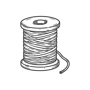 A detailed black and white line art drawing of a classic wooden spool wrapped with textile thread for sewing and embroidery projects.
