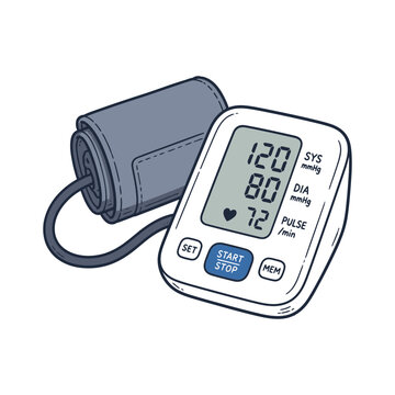 A hand drawn style illustration of an electronic sphygmomanometer displaying systolic diastolic and pulse rate measurements for health monitoring