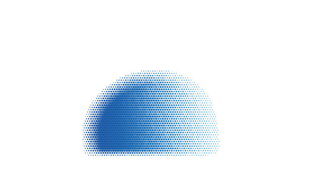 Blue semi circle shape made of small square pixels with a gradient effect isolated on a black background, for digital usage