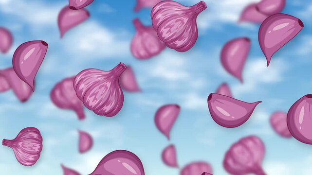 Animated Purple Garlic Bulbs and Cloves Falling Against Blue Sky