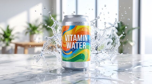 Aluminum can of vitamin water with dynamic water splash on marble