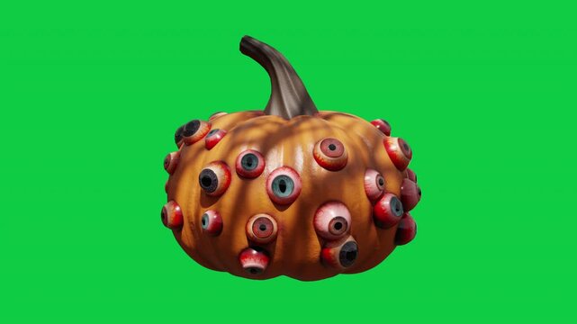 Creepy Halloween pumpkin with multiple moving eyeballs on solid black background, 4K loop animation of spooky monster jack-o-lantern for horror events, trick or treat party and October 31 promo