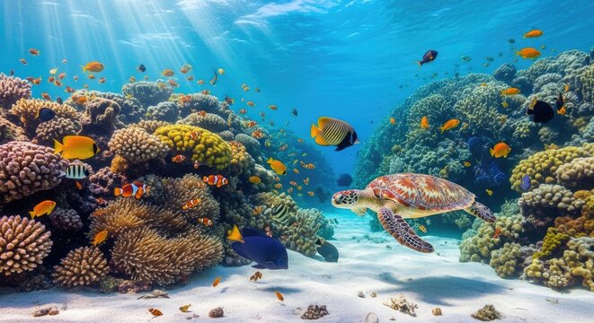 A large green sea turtle swims gracefully through a vibrant coral reef. Numerous colorful fish surround the turtle, creating a lively underwater scene.