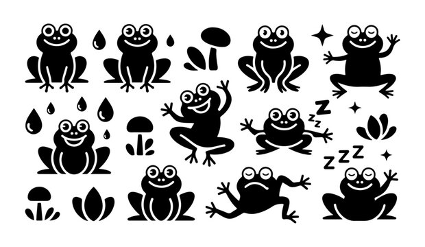 Cute cartoon frog set featuring black silhouettes with raindrops and mushrooms for whimsical forest design projects.