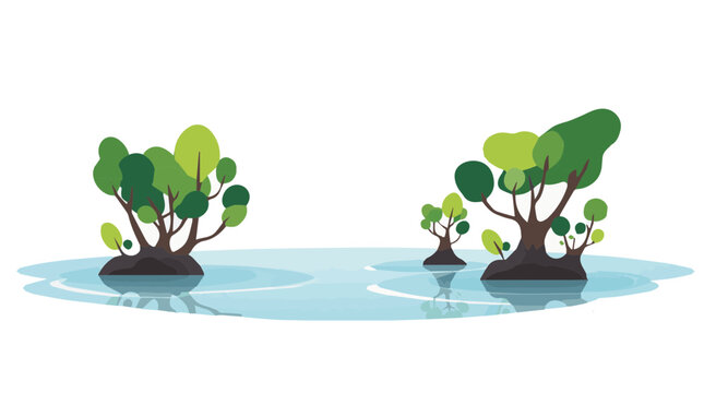 Flat design vector of several mangrove trees growing along a beach, simple foliage, sandy shores, and a calm coastal landscape.