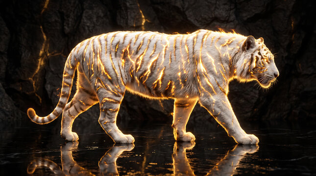 Golden Glowing White Tiger Walking on Wet Reflective Stone Surface